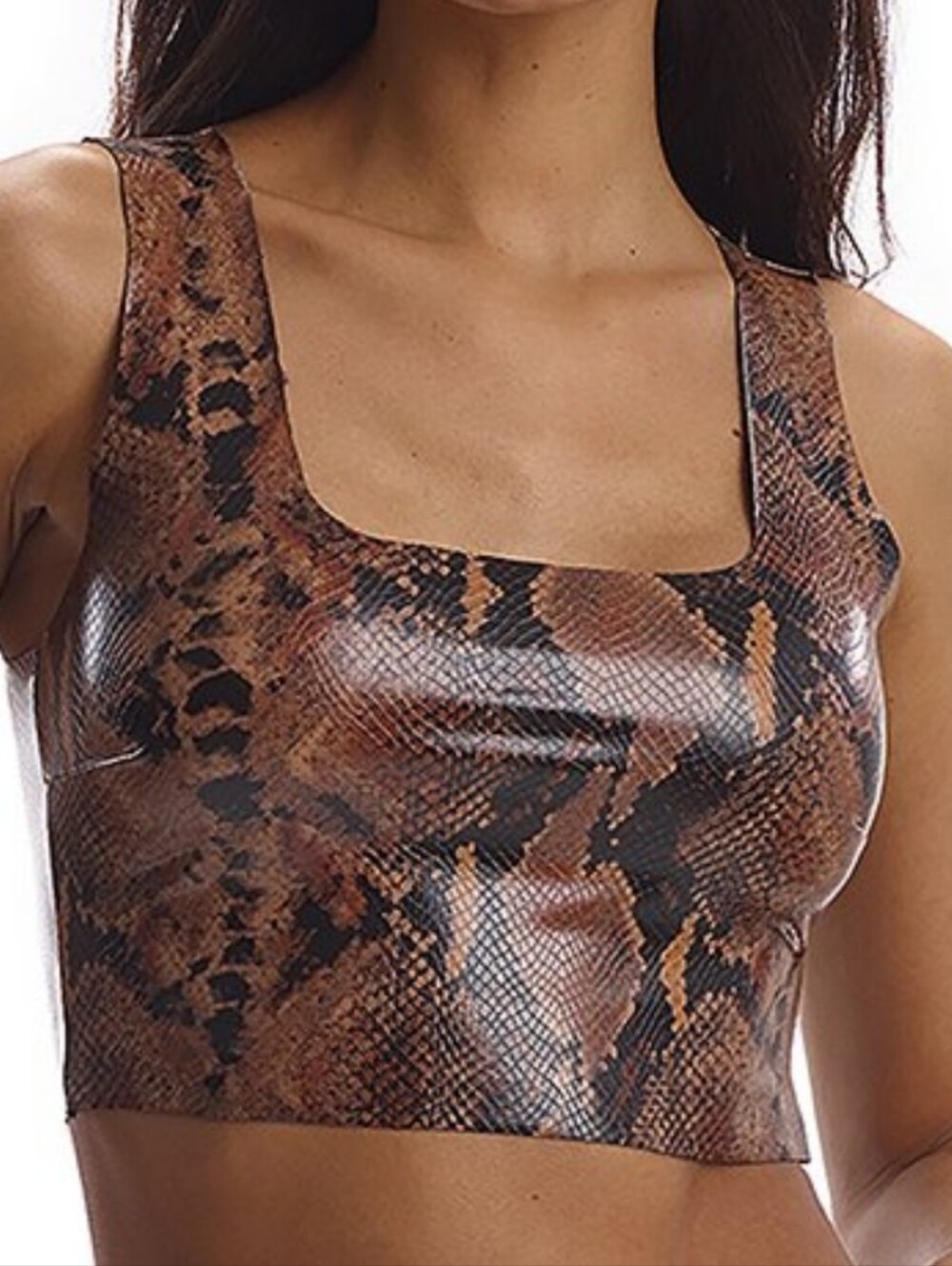 Commando Faux Leather Animal Square Neck Crop Top In Tawny Python Size Medium